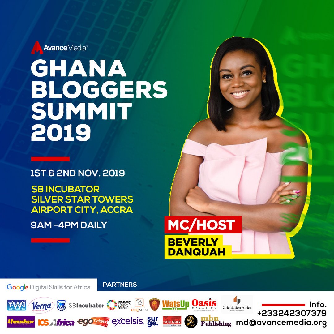 avancemedia's tweet photo. Introducing @beverlydanquah, the host for the 2019 Ghana Bloggers Summit scheduled for 1st &amp; 2nd Nov. at SBIncubator Ghana 

Beverly has worked for ABC News, CNN, MSNBC, Face2Face Africa, Apollo Theater etc.

Register via: https://t.co/WJklB0t3lM

#GhanaBloggersSummit #GHBloggers https://t.co/OJwOfnAZZp