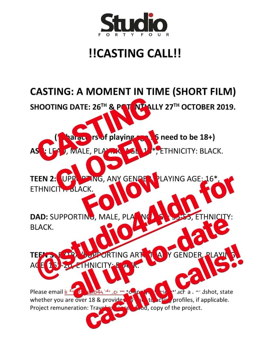 #casting closed! Follow @Studio44ldn on Twitter & Instagram for all our up-to-date UK castings!! 
#castingcall #actors #actorslife #ukcastingcall #londoncasting
