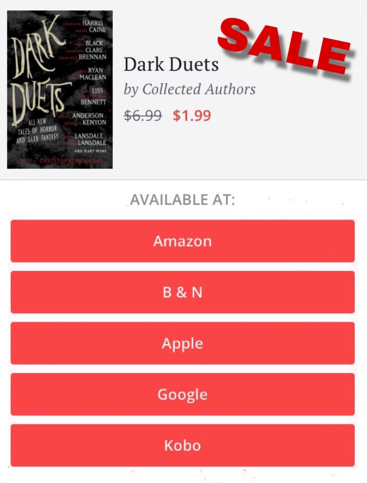 booksnobsue's tweet photo. #Sale #DarkDuets by @RealCharlaine @rachelcaine @hollyblack @cassieclare #StuartMacBride #SherrilynKenyon @JonathanMaberry and #DavidLiss $1.99 for a #LimitedTime #TalesOfHorror #DarkFantasy
Amazon B&N Apple Google Kobo
https://t.co/P5XlHR2I3S https://t.co/mel8H5gq1c