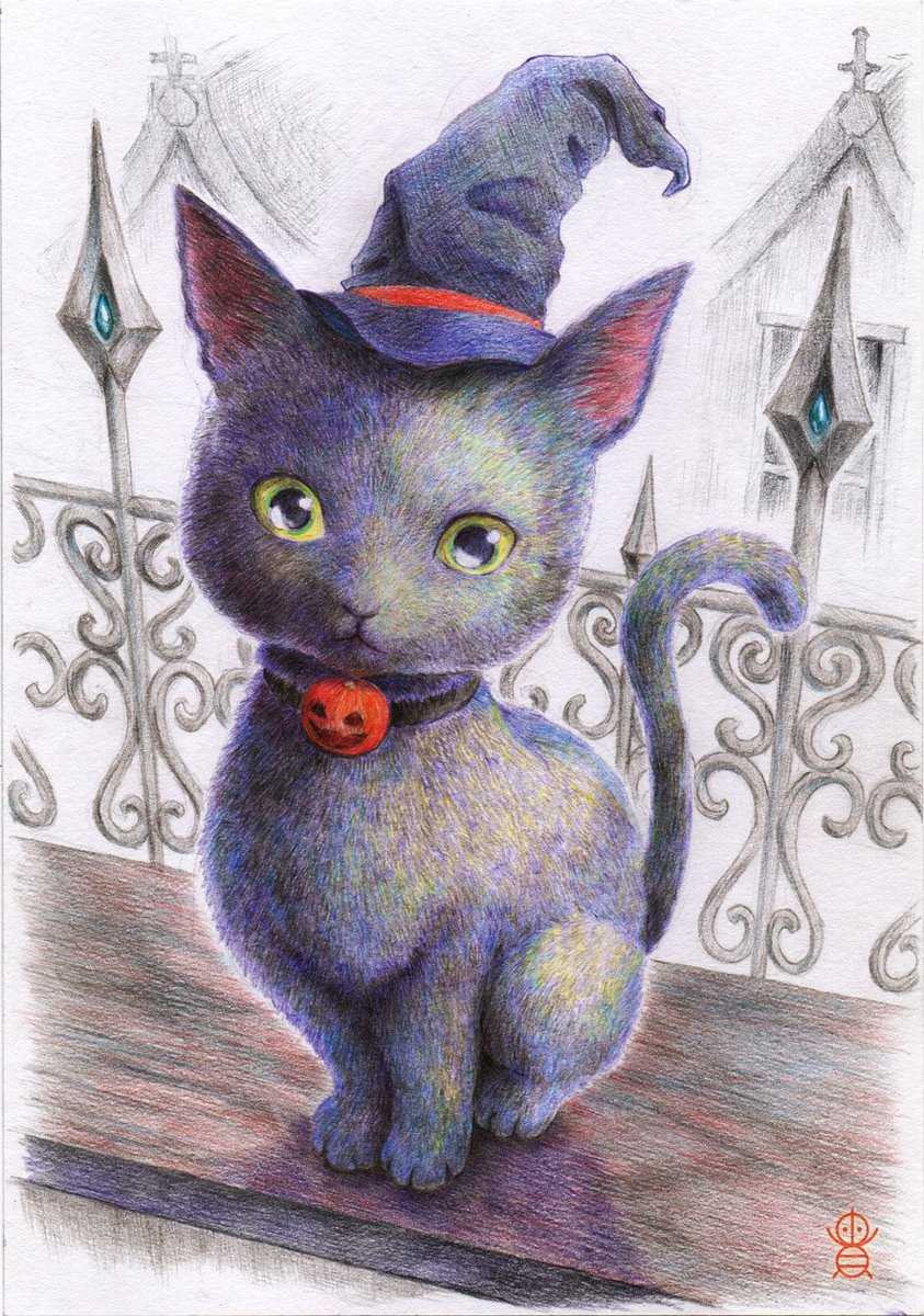 貴房 色鉛筆でハロウィンねこさんを描きました O 10 27に催された地元イベント ハウス De ハロウィン で 似顔絵と傷メイクのお客様にはこの絵のポストカードをプレゼントしました 鉛筆画 色鉛筆画 黒猫 イラスト好きな人と繋がりたい
