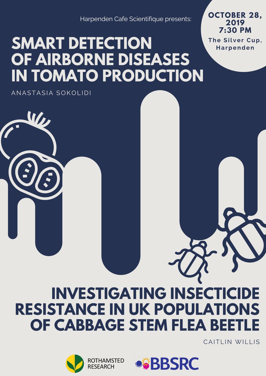 CSHarpenden's tweet image. Cafe Scientifique is on tonight from 7:30pm at @TheSilverCup! Come along to hear from two @Rothamsted PhD students about their projects on tomato diseases and cabbage stem flea beetle.
