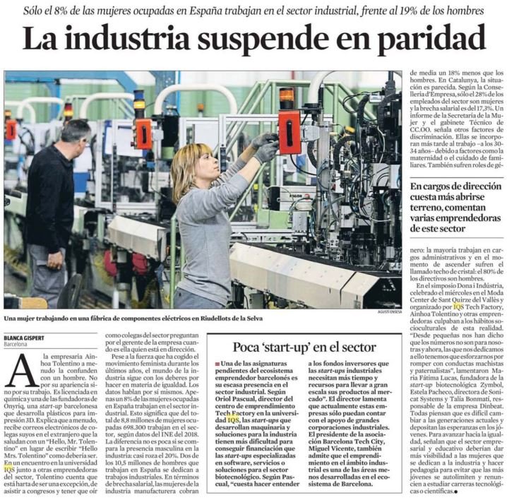 Un orgullo que nos citen en La Vanguardia en un artículo sobre la mujer en la indústria junto a otras mujeres emprendedoras de <a href="/onyriq/">ONYRIQ</a>, <a href="/zymvol/">Zymvol Biomodeling</a> y @DinbeatPRO. Sigamos trabajando para aumentar la presencia de la mujer en la industria! Gracias @IQSTechFactory por #DonaIndustria2019