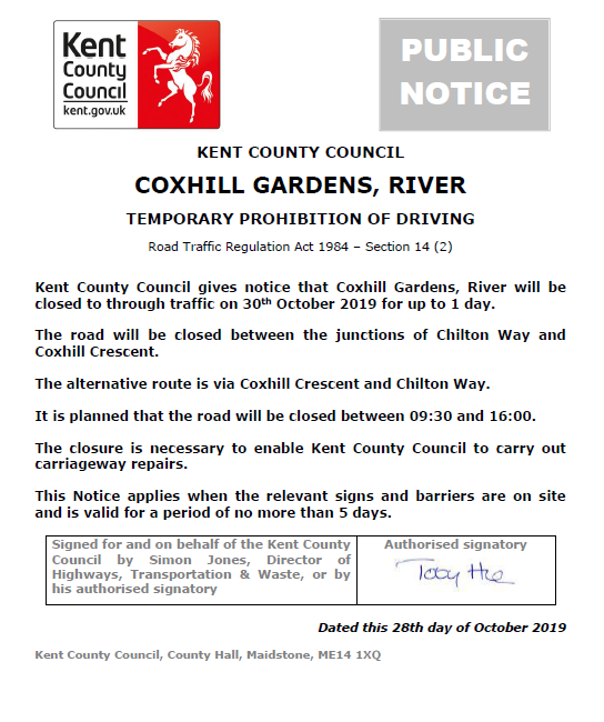 KentHighways's tweet photo. River, Coxhill Gardens: Closed 30th October for 1 day (09:30-16:00) to allow for @KentHighways carriageway repair works. The alternative route is via Coxhill Crescent and Chilton Way: https://t.co/5qovjxOgfq https://t.co/09ufzQpMDs