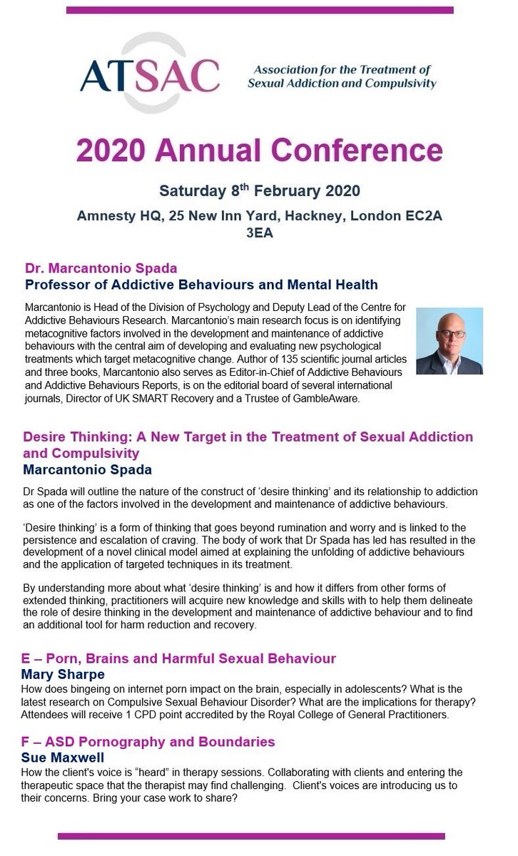 This is our final speaker and workshop reveal. 

We welcome Dr Spada as a speaker and Mary Sharpe and Sue Maxwell as workshop hosts. 

You can book tickets and view the full line up at: atsac.org.uk/atsac-2020-ann…