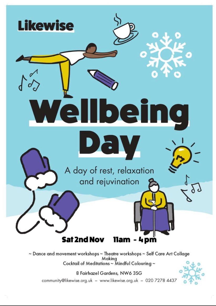 Come and create a collage on the theme of self-care at 2-4pm this Saturday 2nd November. Suitable for all levels ❤️

This collage session is part of the Wellbeing Day put on by Likewise Community Centre in Camden. 

Find out more at: eventbrite.co.uk/e/likewise-win…