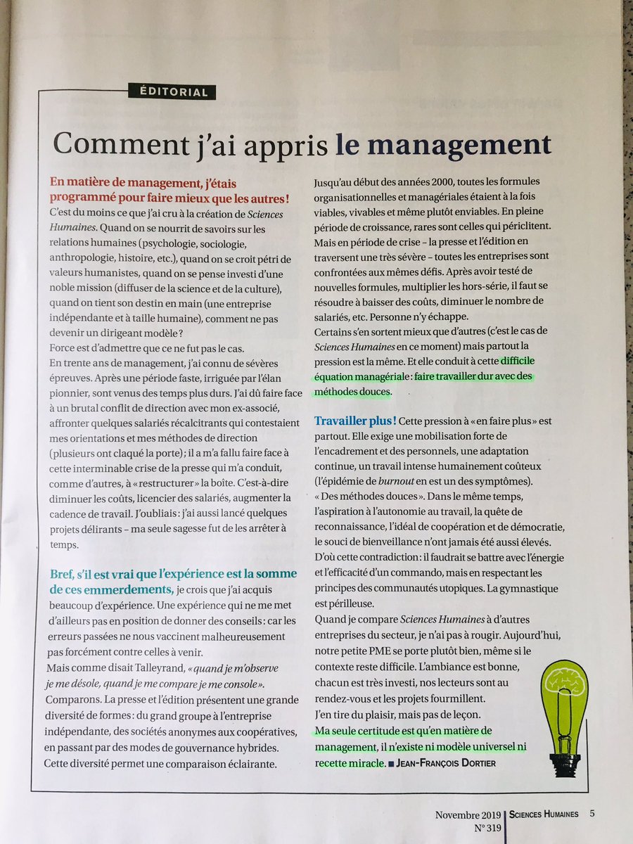 Boostinprogress's tweet image. Edito témoignage honnête &amp;amp; éclairant de @dortier dans Sciences Humaines de novembre sur le management. « Ma seule certitude est qu’en matière de management, il n’existe ni modèle universel ni recette miracle ». Ceci dit il est possible de développer des ressources et compétences!