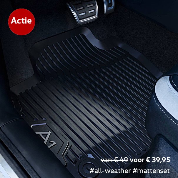 #accessoire Audi All-weather mattenset. Tijdens de regenachtige maanden is het aan te raden om je interieur te beschermen tegen vocht en vuil met behulp van een Audi rubberen mattenset. Nu van €49 voor €39,95 #actie #audi #audimattenset #rubberenmattenset #allweathermattenset