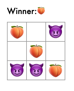 hellofajita's tweet photo. DAY 14: More #reactjs, finished this super impressive tic-tac-toe game! Discoveries include function components, immutability tactics, the 3rd language I've written a ternary operator in and how good are emojis. Notes: https://t.co/VyuPWWWUDo

#100DaysOfCode #TicTacSatanPeach https://t.co/G7VpPr7FEU