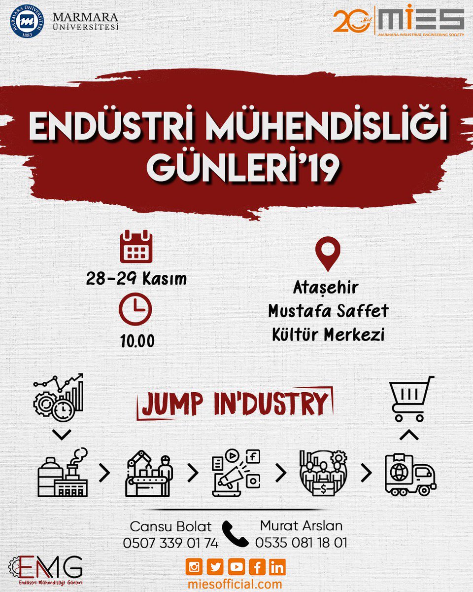 emgmies's tweet photo. Heyecanla beklenen EMG’19, dünyaca ünlü pek çok firmanın alanında uzman endüstri mühendisi konuşmacıları, zengin fuaye alanı ve workshoplarıyla birlikte geliyor!

#JumpIndustry

📆28-29 Kasım
⏱10.00
📍Mustafa Saffet Kültür Merkezi

Hemen ücretsiz kaydol👉 https://t.co/o2CZQ9f87T https://t.co/ceqIjDTaaM
