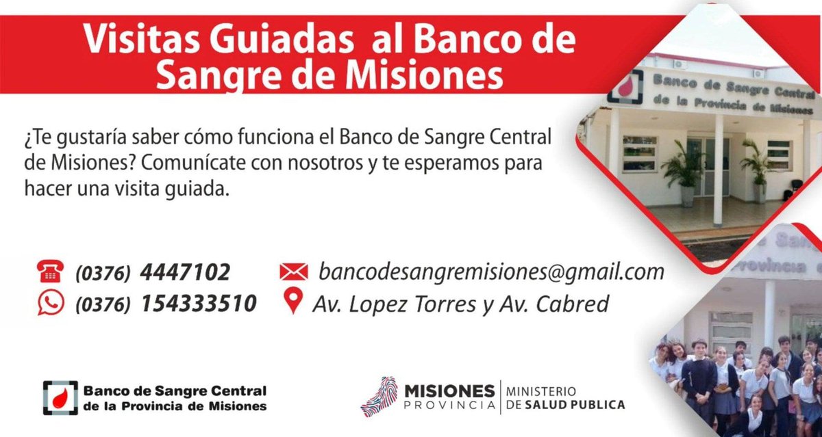 Estamos cerca tuyo - ¿Te gustaría saber cómo funciona el Banco de Sangre Central de Misiones?
👉Comunícate con nosotros y te esperamos para hacer una visita guiada.
☎️ 0376 -4447102 📲: 0376- 154333510 📧: bancodesangremisiones@gmail.com