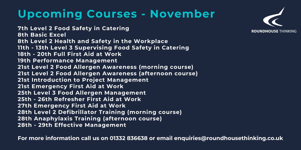RHThinking's tweet photo. Take a look at our next upcoming courses throughout November. With over 180 courses now available, we have courses available for everyone's training needs and requirements. 

To book or for more information, call us on 01332 836638 or visit https://t.co/0qxYirqW5W https://t.co/CM6DUr3Vxr