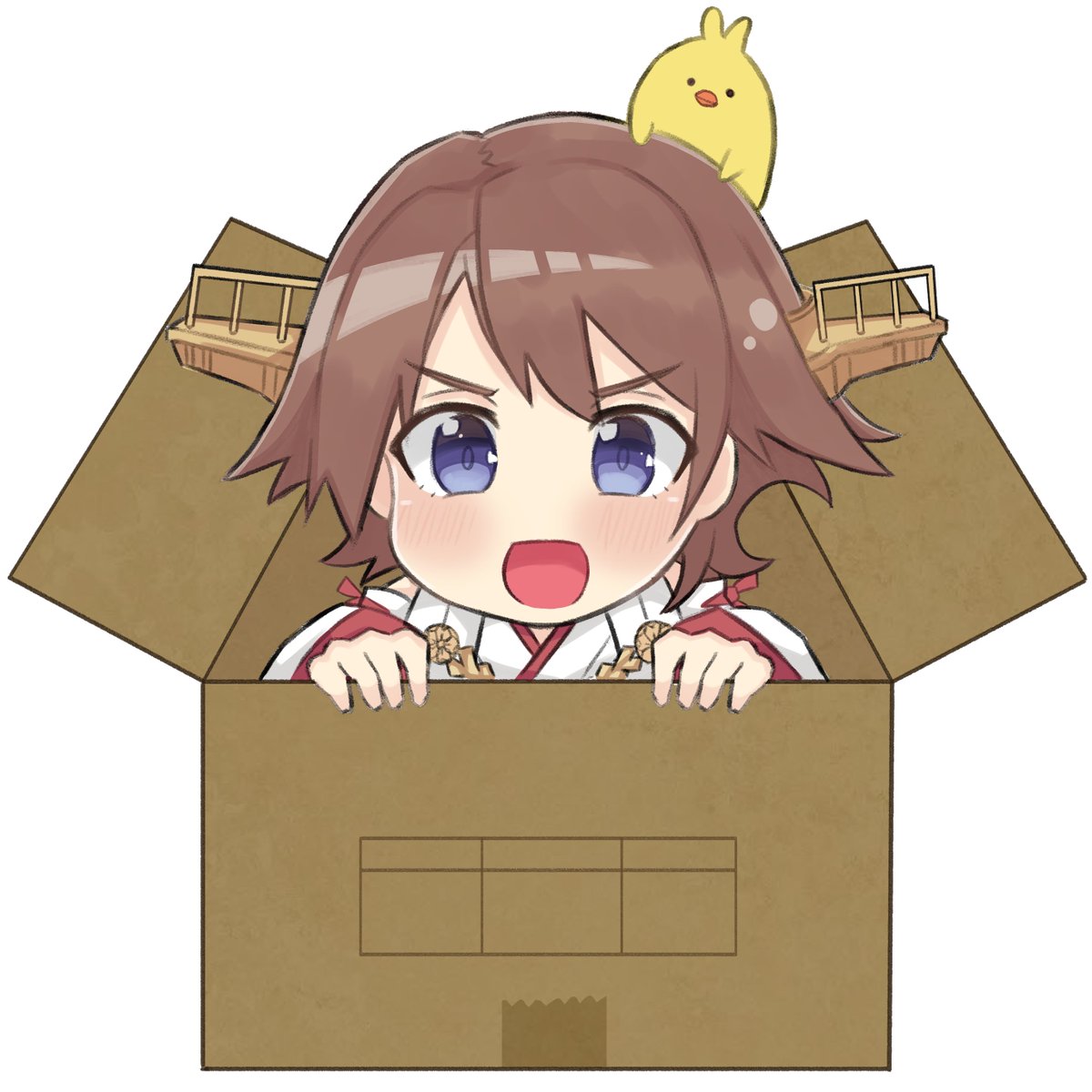 hiei (kancolle) 1girl brown hair in box short hair in container box bird  illustration images