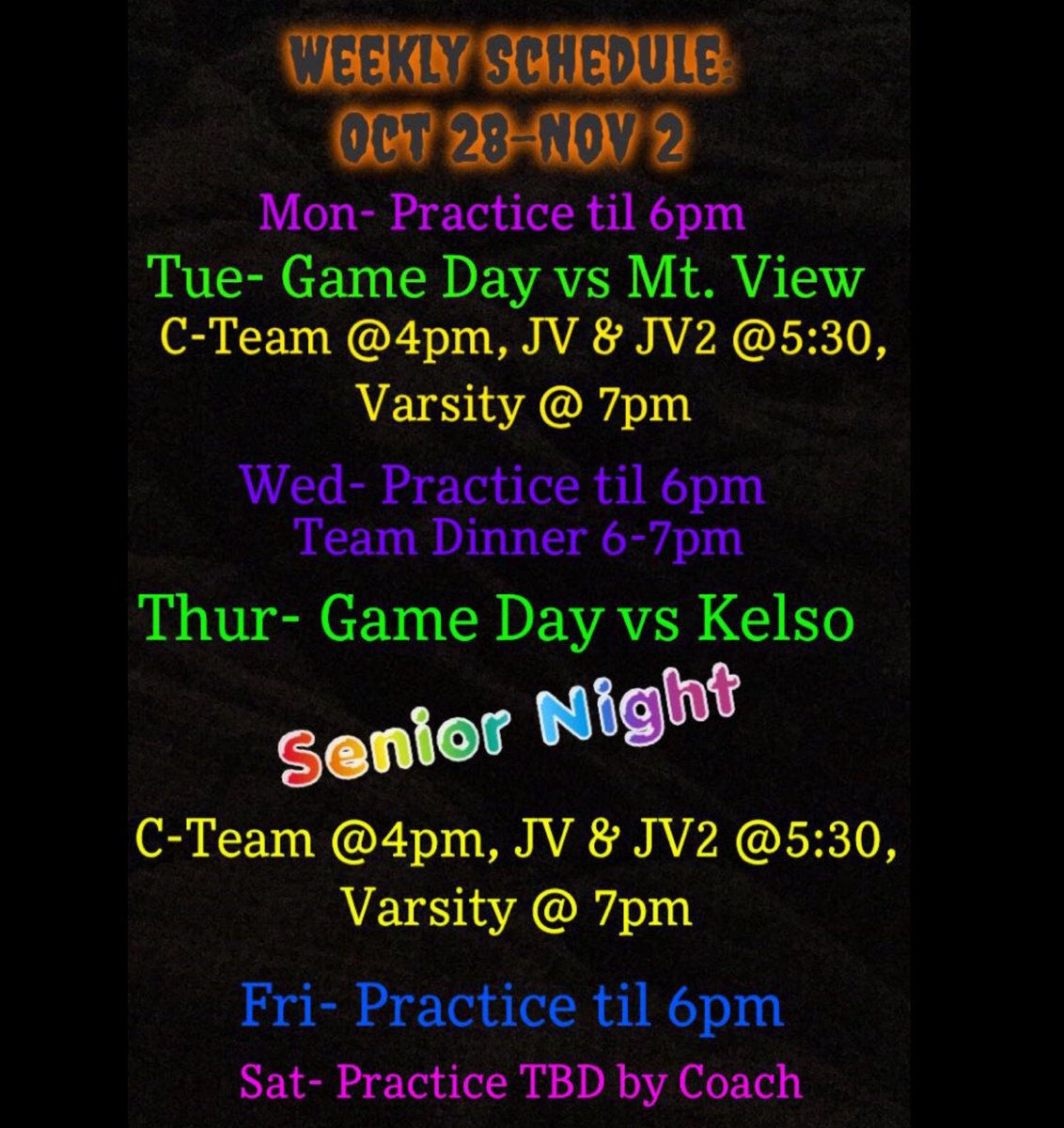 Weekly schedule 10/28-11/2