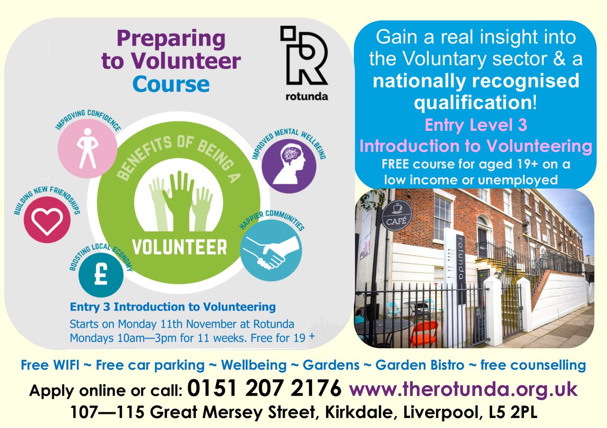 RotundaLtd's tweet image. Gain a free qualification in Volunteering!
Great, hugely informative course starts on Mon 11th Nov
Each Monday 10am - 3pm, for 11 weeks @RotundaLtd 
Help others by helping yourself with professional volunteering skills! #Volunteer
Apply here: therotunda.org.uk/course-schedule 
PLEASE SHARE