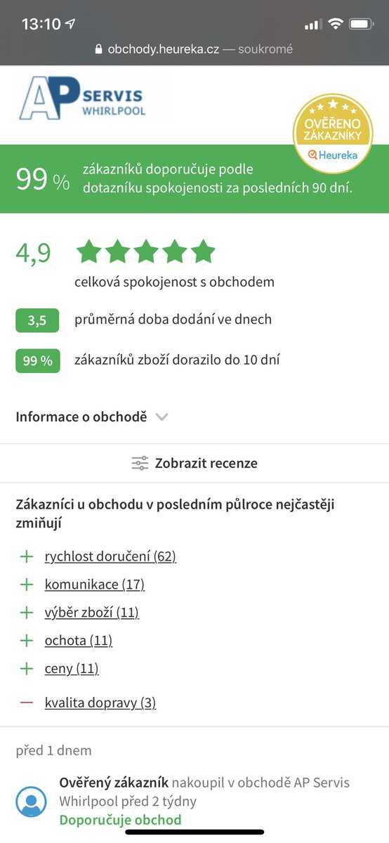 APServisPraha's tweet photo. @APServisPraha na @heurekacz #NahradniDily #prodej #sluzba #b2c #feedback #recence ☑️💙 https://t.co/FruMO7nT4x