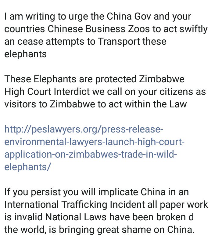 huddleston_joan's tweet photo. ..@ChineseZimbabwe Pls cease import of baby elephants from Zimbabwe. there is pending litigation &amp; now that @CITES has made it illegal to imprison  more for exports, this just brings shame to your country.   https://t.co/oveHr6N7j6