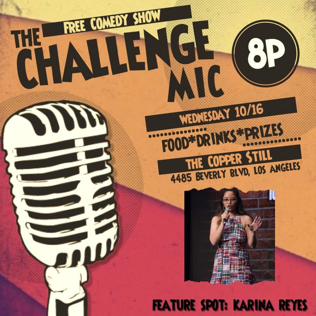 TheChallengeMic's tweet photo. Tonight, itβs @KarinaRehl! Sheβll bring the funny for our Feature Spot....and so can you!
7:30 sign ups, 8p show time. 4485 Beverly Blvd. Free Parking in back. #comedy #standup #workoutroom #improv #thechallengemic #funnyfemales #losangeles #openmic https://t.co/B7JfTUiZRi