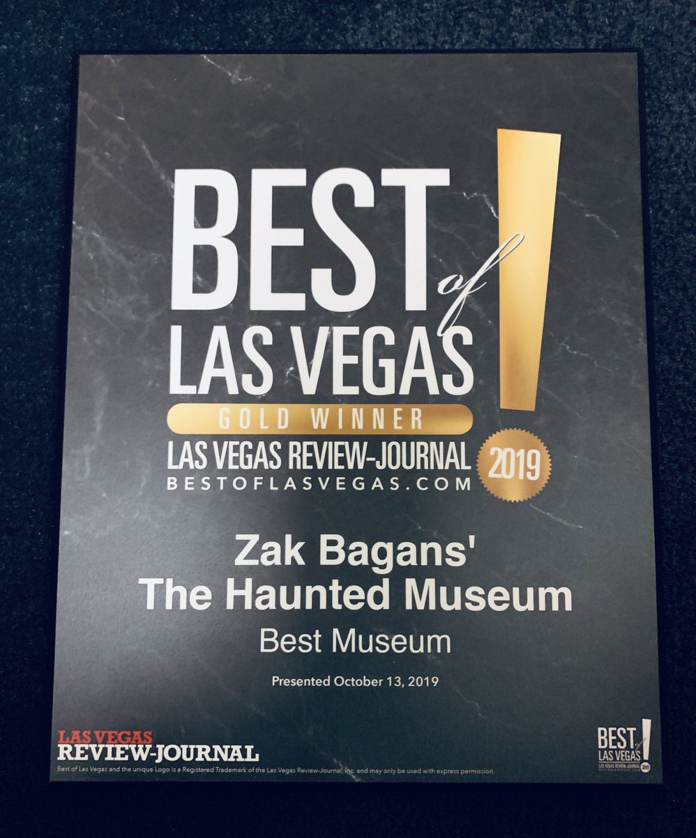 Zak_Bagans's tweet photo. So HONORED to announce that The @HauntedMuseum has again won “Best Museum” in Las Vegas for a second consecutive year! Thank you @ReviewJournal @BestofVegas my incredible loyal staff, our guests and supporters. 🥇🥇 https://t.co/M92vLG5cRR