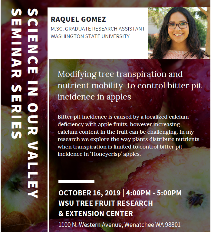 AppleRoot2Fruit's tweet photo. Hey Wenatchee peeps! Come meet @RaquelG33173543 from the @WSUTFRECPhysiol lab today and hear about her work on controlling bitter pit in apple. It's part of the Science in Our Valley Series, Wednesdays at 4 pm at #WSUTFREC. https://t.co/8QuFxn0FDn