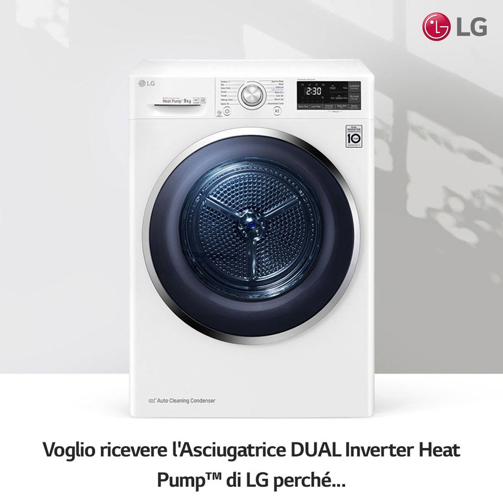 l'Asciugatrice LG DUAL Inverter HeatPump™ risparmia tempo ed energia rispetto alle altre asciugatrici, finamete bucato soffice e profumato, ma soprattutto ben asciutto!