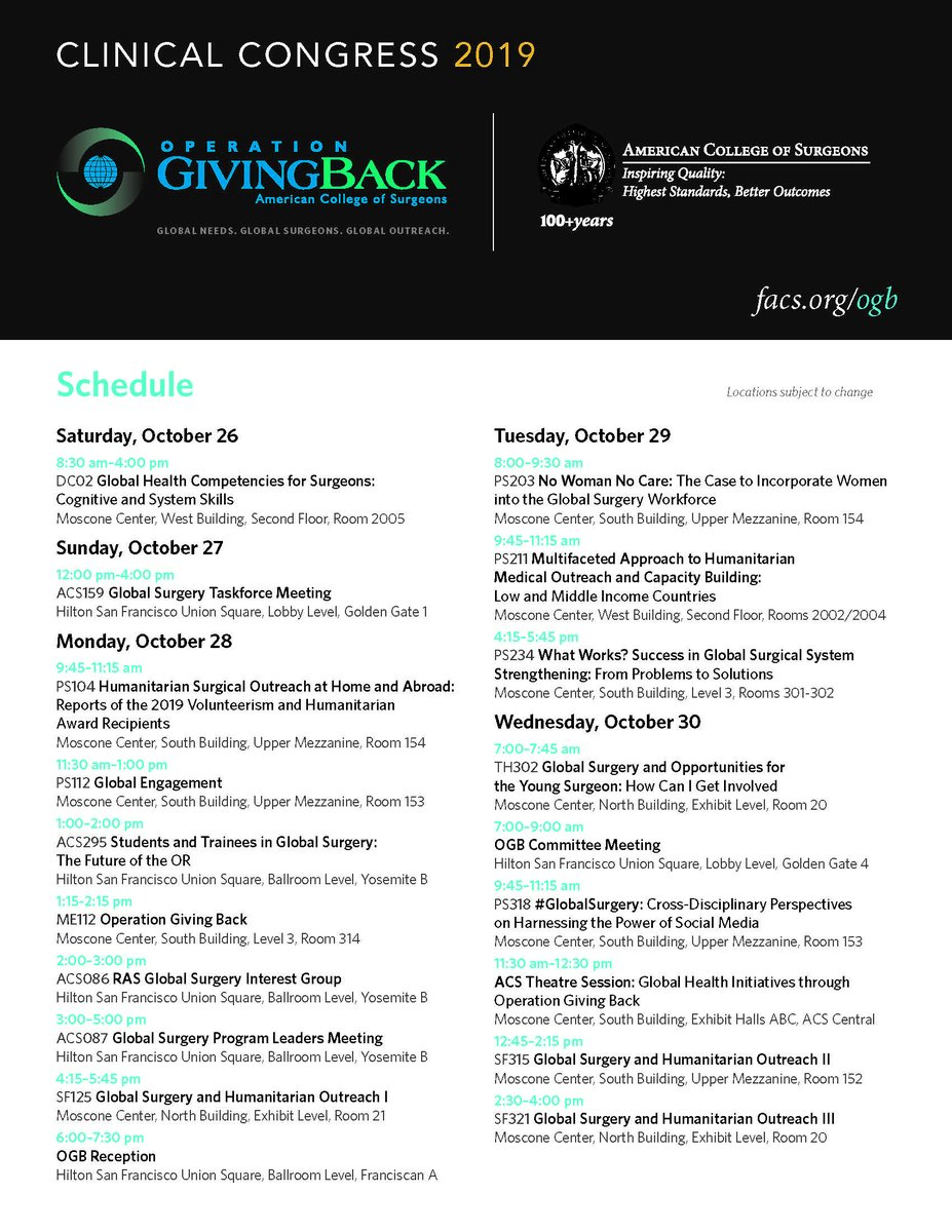 Are you attending #ACSCC19 and interested in #globalsurgery and the College's Operation Giving Back program? Be sure to attend these events.

facs.org/ogb