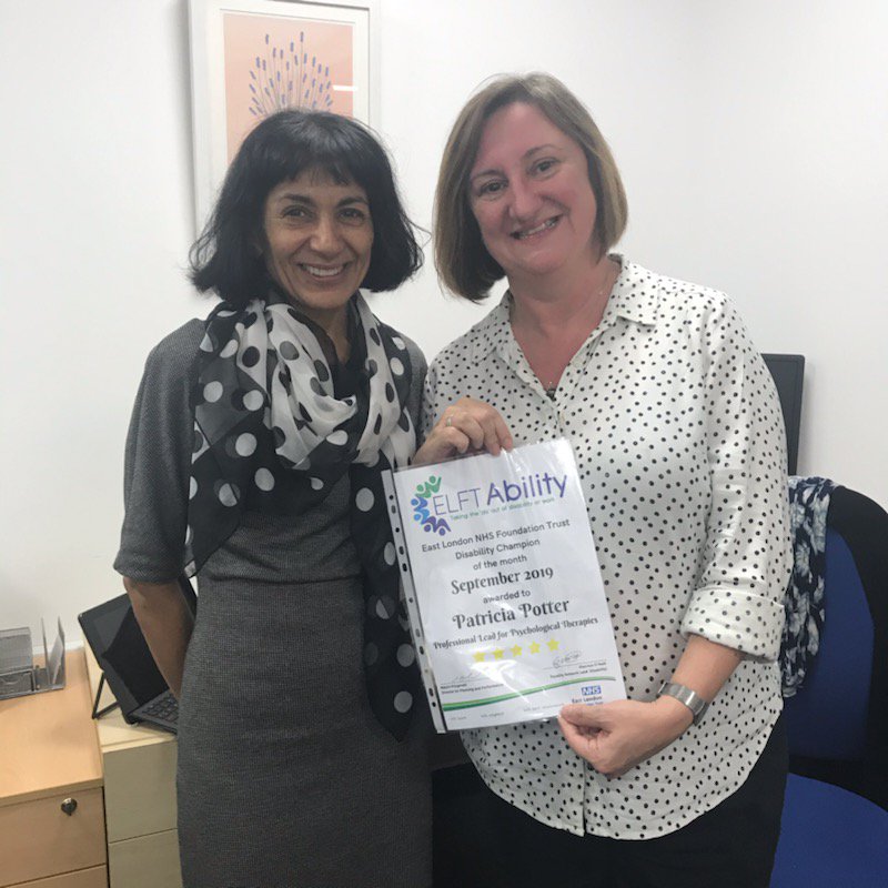 sarahwi96928224's tweet photo. @RaviRanaELFT presenting the fabulous Patricia Potter with an @ELFTAbility #BuildingAbility and going above and beyond - Disability Champion of the Month! @NHS_ELFT @stsandford @ELFTArts https://t.co/zZSsORH6Gp