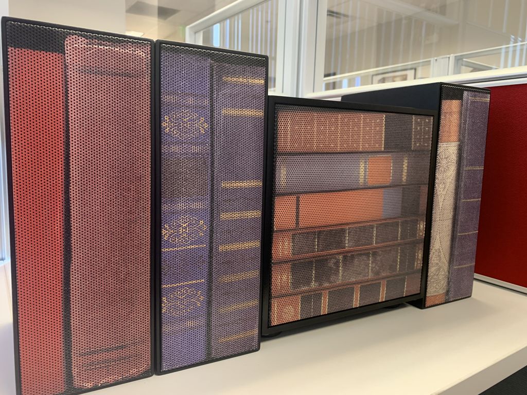 james_speaker's tweet photo. Our integrators challenge us every day. The integrator is adding bookshelf speakers in a bookcase.  In order to blend in with the other books, the grilles were hydrodipped to resemble different book spines. Which book is your favorite? 
#JamesLoudspeaker #CustomAudio #Hydrodip https://t.co/qo1z4sV0Vf