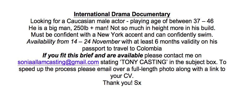 CASTING CALL - Caucasian Male - Large Build (over 250lbs) - Playing age between 37 - 46. See attachment. 
Please RETWEET! Thank you kindly. Sx