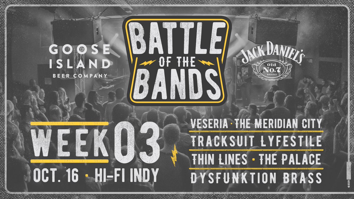 #BattleOfTheBands Round 1: Week #3 is TONIGHT! Thanks to <a href="/GooseIsland/">Goose Island Beer Co.</a>, #JackDaniels, <a href="/samashmusic/">Sam Ash Music</a> and <a href="/IndyVinyl/">Indy Vinyl Pressing</a> for making the event series possible every week.

Doors 7PM | Set Times determined at random before soundcheck | Tix available: fanlink.to/botbweek3