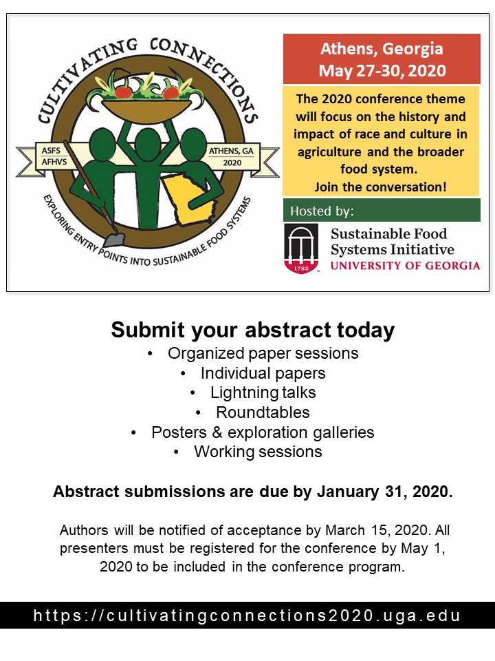 Time to submit your abstract for #foodstudies20 hosted by <a href="/UGA_CollegeofAg/">UGA Agricultural & Environmental Sciences</a>! Learn more about next year's conference and find instructions for how to submit here: cultivatingconnections2020.uga.edu #foodstudies #CFP