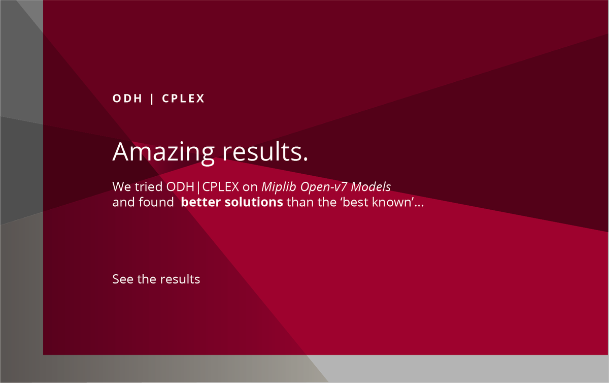 OD_Inc's tweet photo. amazing results: we tried #ODH|#CPLEX on #miplib open-v7 Models and found better solutions than the 'best-known' ... see the results https://t.co/eG6SnRwVE4
@OD_Inc @INFORMS #orms https://t.co/5gqLRSZsTT