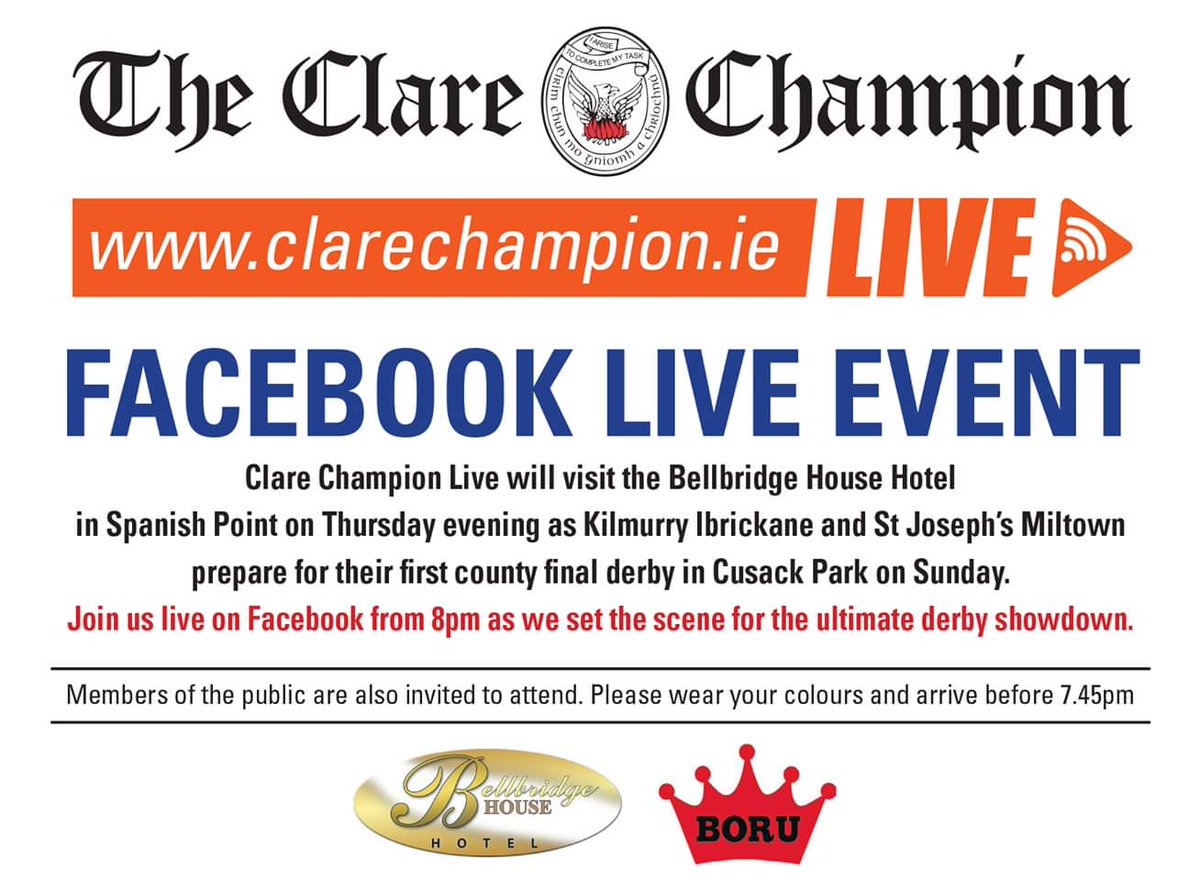 ClareChampion's tweet photo. Great evening in store tomorrow in @BBHWestClare to preview the #ClareSFC final clash of @MiltownGAA &amp; @KIBGAAClub. Be sure to come along and wear your colours on the night!! https://t.co/ZCOwN10kvB