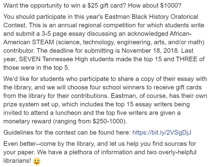 TheTHSLibrary's tweet photo. Do you want the chance to win $25.  How about $1000?  This is possible with Eastman's Black History Oratorical Contest.  Visit https://t.co/zOAKdlED9S for details. https://t.co/UkI9fG0yWt
