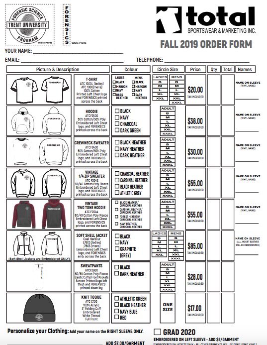 trentfss's tweet photo. ORDER FORMS. ARE. HERE!!! We know you’ve been asking, and we are SO excited to share this year’s forensic clothing order forms with all of you! Please print out &amp; fill in your order forms &amp; bring your money to the TCSA Office (credit/debit) or to the FSS’s table (cash/cheque)! https://t.co/RrKvAnne3b
