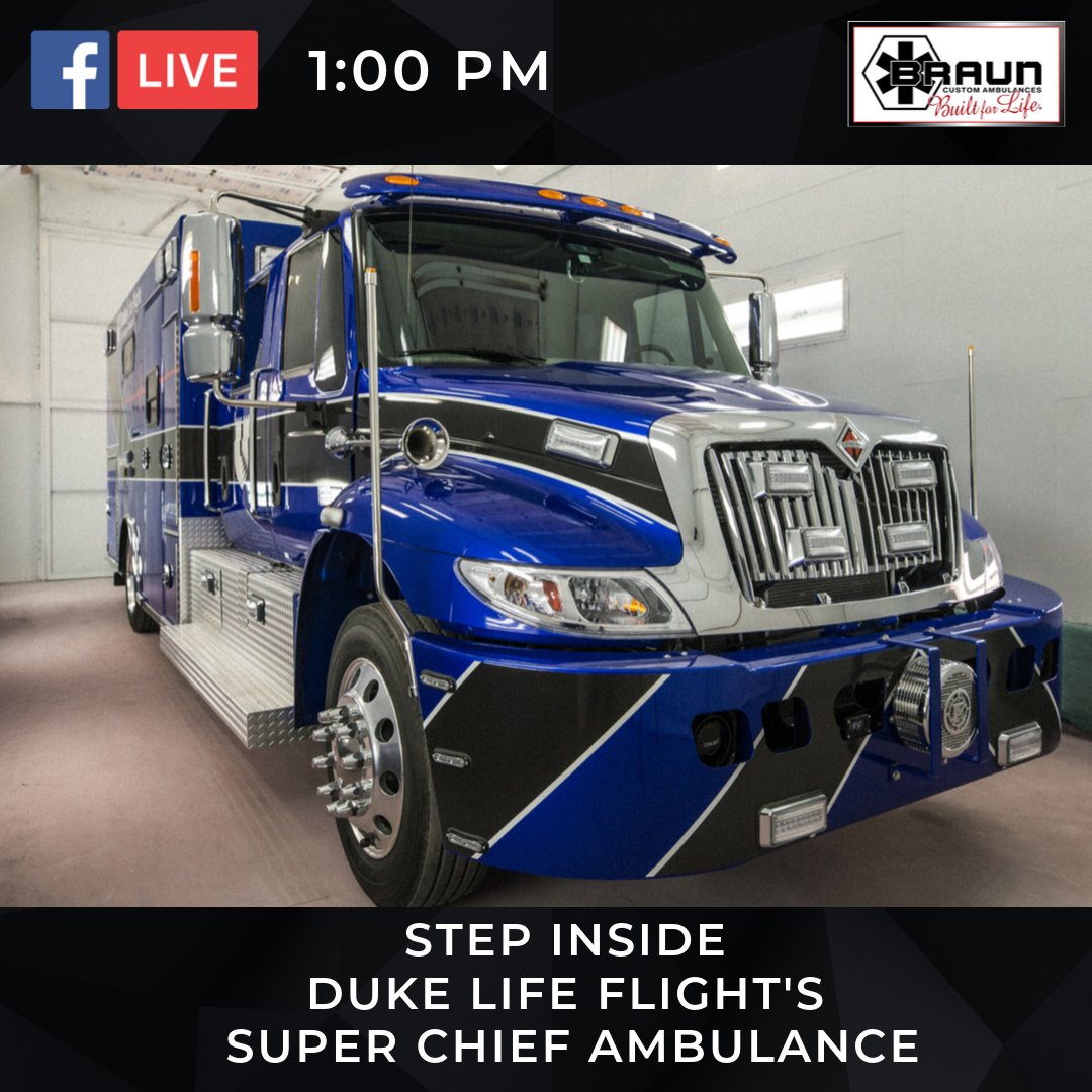 BraunAmbulances's tweet photo. Join us on Facebook live at 1 PM as we take a step inside the Duke Life Flight Chief XL, equipped with Stealth Power's Idle Reduction system, custom graphics, and so much more! #stealthpower #braunambulances #dukelifeflight #EMSWorld https://t.co/CoCYb940vU