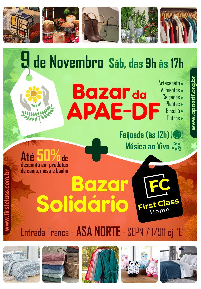 apaedf's tweet photo. Dia 9/11, teremos nosso bazar de fim de ano na sede da APAE-DF. Esse ano com novidade: uma parceria com lojas First Class, que trarão produtos de cama, mesa e banho com até 50% de desconto. 🛒💙🎅🍽🎁 #bazarbeneficente #bazardenatal #apaedf #firstclass #asanorte #brasilia https://t.co/3NzG5UanmZ
