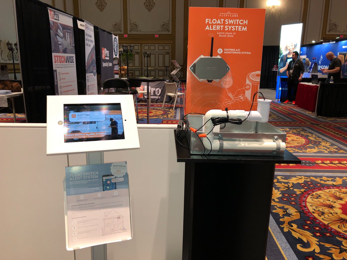 alertlabsinfo's tweet photo. Our new Float Switch Alert System tells you when the A/C shuts down due to a clogged drain line. A/C diagnosis has never been faster and easier. See the display at the Innovation Station @ServiceWorldXpo #serviceworld #HVAC #serviceworldxpo #airconditioning https://t.co/HhGw47AMoa