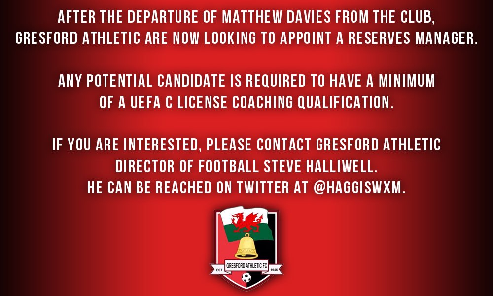 VACANCY: <a href="/GresfordFC/">Gresford Athletic FC</a> are looking to appoint a Reserves manager with a minimum UEFA C License coaching qualification.

If interested, please contact <a href="/GresfordFC/">Gresford Athletic FC</a> DOF Steve Halliwell (<a href="/haggiswxm/">Steve Halliwell</a>)

👉 pitchero.com/clubs/gresford…

With <a href="/WrexhamBrick/">Wrexham Brickwork</a>, <a href="/SGEstatesUK/">SG Estates</a> and <a href="/ELMHair_Beauty/">Elm Hair&Beauty</a>