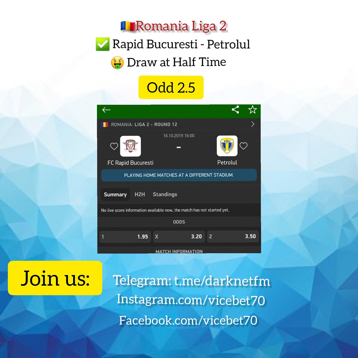 TeamVVV1's tweet photo. 🇷🇴 Romania Liga 2
✅ Rapid Timisoara - Petrolul
Tip: DRAW at Half time
💥 ODD 2.58

#pronosportifs #pronosportif #pronostiqueur #pronostennis #pronostic #pronossportif #prono #pronostics #pronostici #pronosportifsgagnant #pronogratuit #pronosticssportifs #pronosports https://t.co/1XeB9rNqwe