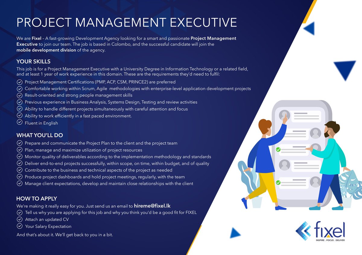 FixelDigital's tweet photo. 🚨Vacancy Alert 🚨
We are #Fixel – A fast-growing Development Agency looking for a smart &amp; passionate #ProjectManagement Executive to join our team.
To apply just send us an email to hireme@fixel.lk #SriLanka
#LK #Vacancy #RT #PM https://t.co/JxTTz4ICY9
