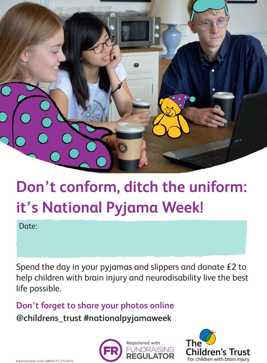 TctheF's tweet photo. Here at The Children’s Trust we are celebrating pyjama week all month! Why not encourage everyone in the office to wear their pyjamas to raise money for children recovering from a brain injury. To order a fundraising kit please click the link below!
https://t.co/EbK5lRLCkK https://t.co/5XxpiKDaih