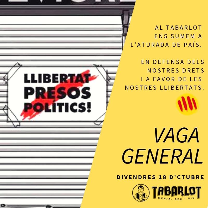 Aquest divendres, 18 d’octubre, ens sumem a l’aturada de país. En defensa dels nostres drets i a favor de les nostres llibertats.
Ens veiem als carrers!!✊🏽
#SentenciaProces #AturadaDePais #VagaGeneral #SpainIsAFascistState #tsunamidemocràtic #llibertatpresospolitics