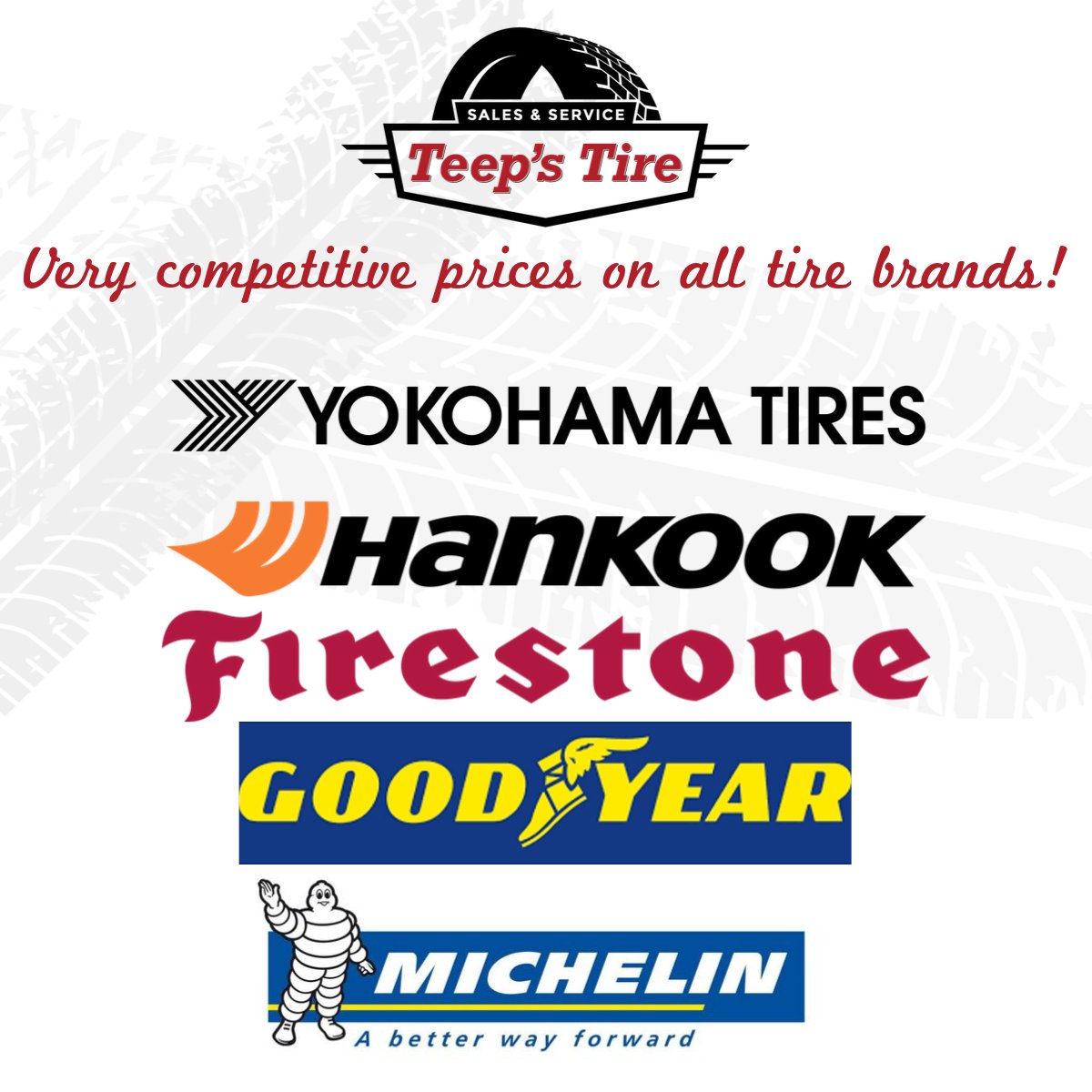 TeepsTire's tweet photo. At Teeps Tire we offer very competitive pricing on tire brands such as Michelin, Goodyear, Hankook, Yokohama, Firestone and many more!  Contact us today for our winter tire rebates and pricing.    #teepstire #orangeville #tires #DufferinCounty #OrangevilleBusiness #headwaters https://t.co/3BvXx5XkMa
