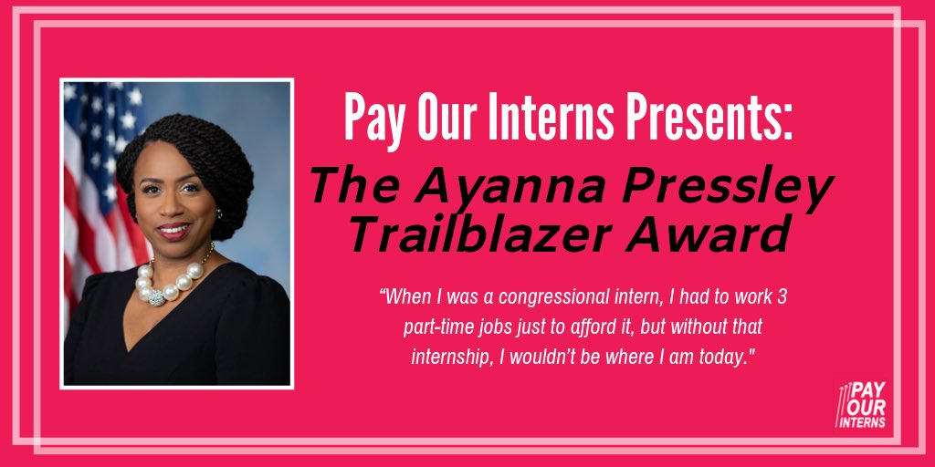 payourinterns's tweet photo. Recently we announced that we will be honoring an intern with our Trailblazer Award at our 3 Yr Event. We have the distinguished pleasure of announcing that we will be honoring @RepPressley by naming the award after her. 

Full statement and tix link in bio! #POI3YR https://t.co/WHDGuzWnRV