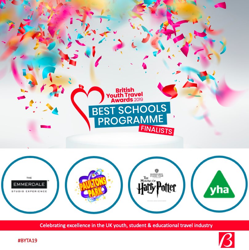 BYTAwards's tweet photo. Congratulations to the finalists in the Best Schools Programme @EmmerdaleExp @PaultonsPark @wbtourlondon @YHAOfficial
https://t.co/xCO95JHXse
#BestSchoolsProgramme #BYTA19 #youthtravel #educationaltravel #attraction https://t.co/ByJUcwZIc7