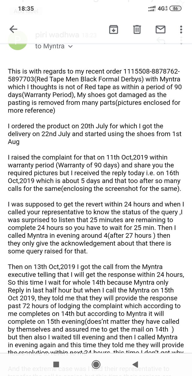 PrinceW88177963's tweet image. @myntra @MyntraSupport 
#bad_service #unsatisfied_customer
Order no.1115508-8878762-5897703
Calling u from 11th oct for the bad quality of shoes(withing warranty period of 3 months) and after assuring for the change rejected after waiting 5 days beyond the time period given by u