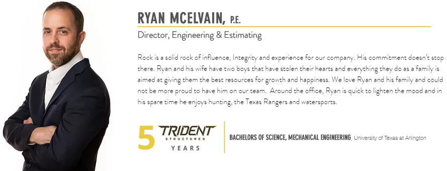 TridentEPC's tweet photo. Employee Spotlight: Mr. Ryan McElvain, P.E. is Trident Structures. He embodies every Core Value we hold dear and works tirelessly to drive us forward!
https://t.co/nYbaGT8QAF
#tridentstructures #teamjct #integrity https://t.co/xqi6HJbsvL