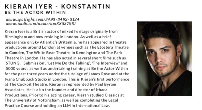 IthacaSeagull's tweet photo. Introducing
🎭 Kieran Iyer as Konstantin, as well as our Producer 
🎭 Maria Finlay as Nina 
Get your tickets now - https://t.co/rGXnvND1nC 
.
.
.
.
#newtheatre #fringetheatre #chekhov #theatre #kieraniyer #mariafinlay @actorwithin https://t.co/nAMhnIS6pj
