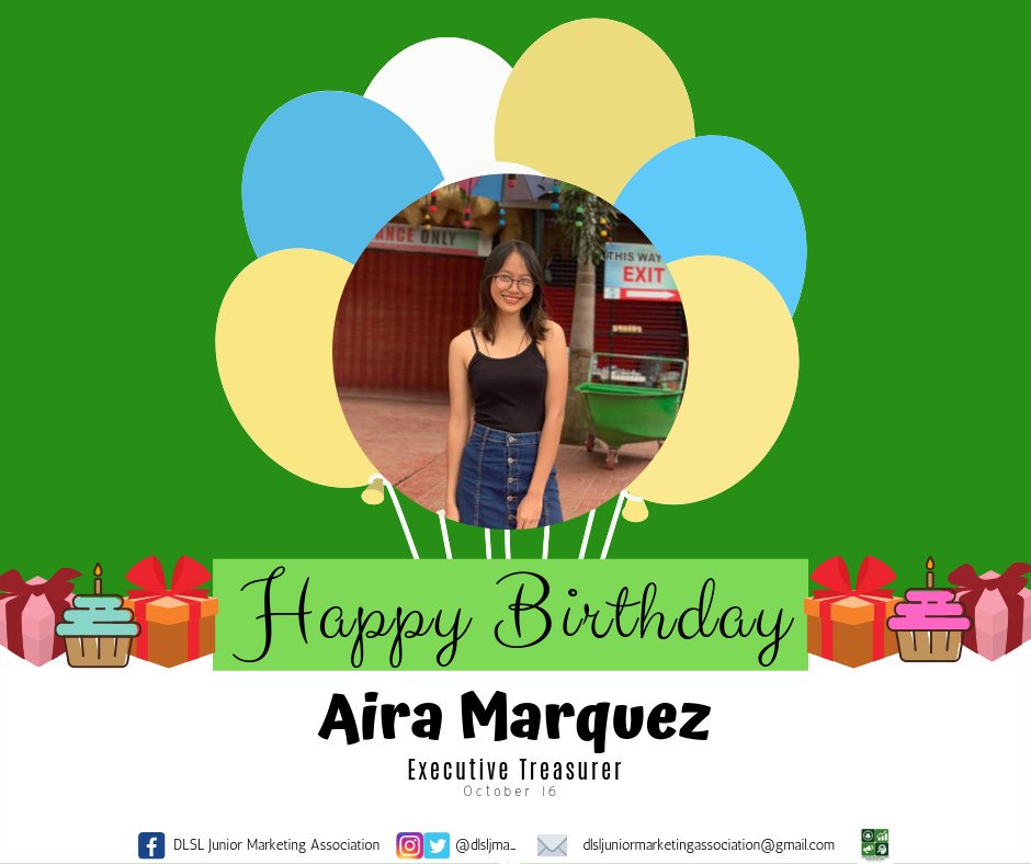 dlsljma_'s tweet photo. Happy Birthday to our Executive Treasurer for Academic Year 2019-2020, Aira Marquez! π
May your birthday mark as the start of endless opportunities, happiness, and memorable moments with your DLSL JMA family.
#AnimoJMA
#MakingExcellenceAHabit https://t.co/JwklCRdrw9