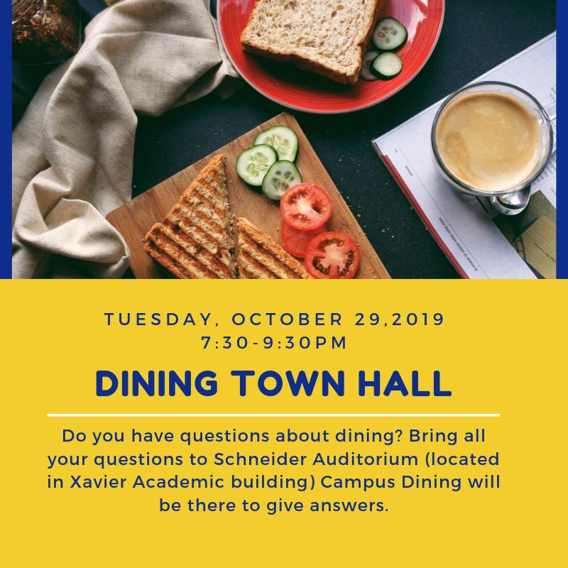 JWUPVDSGA's tweet photo. Tuesday October 29, 2019 at 7:30pm in Schneider. Come and ask questions to the Campus Dining Services and get answers to the most recent changes and happenings in and around campus! Questions will be answers by Director of Campus Dining and staff! #onejwu https://t.co/zBOydo8nhc